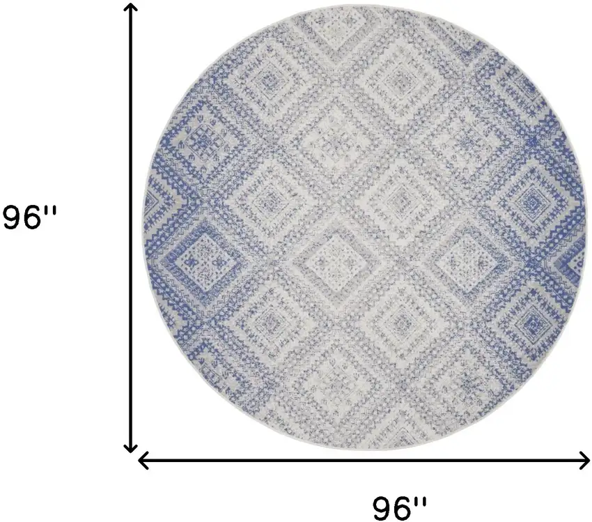 8' Ivory and Blue Geometric Distressed Round Rug Photo 3