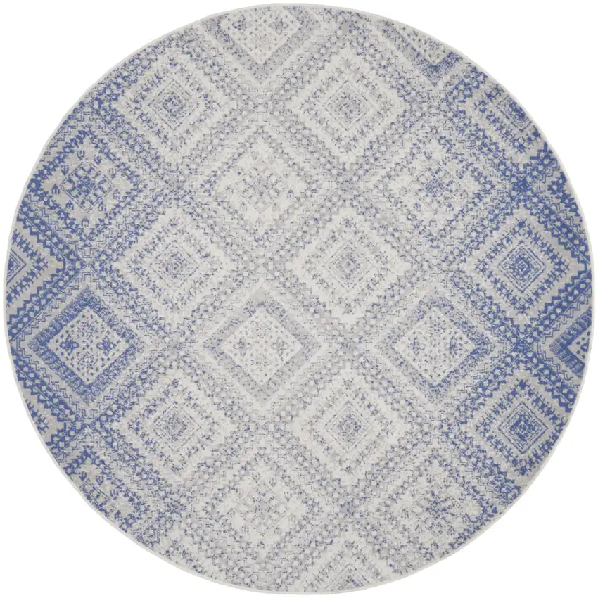 8' Ivory and Blue Geometric Distressed Round Rug Photo 2