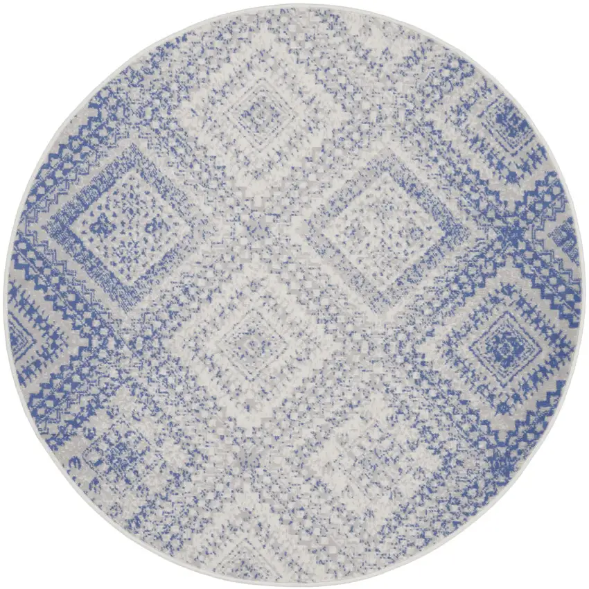 5' Ivory and Blue Geometric Distressed Round Rug Photo 2