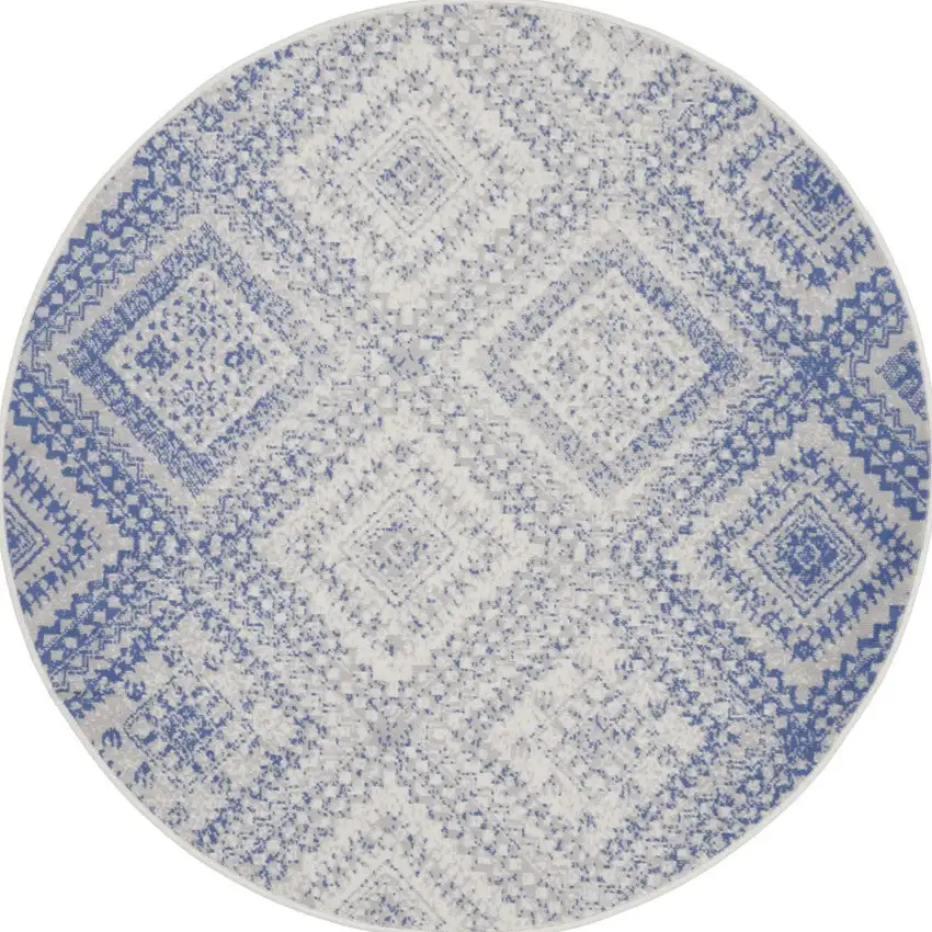 5' Ivory and Blue Geometric Distressed Round Rug Photo 5