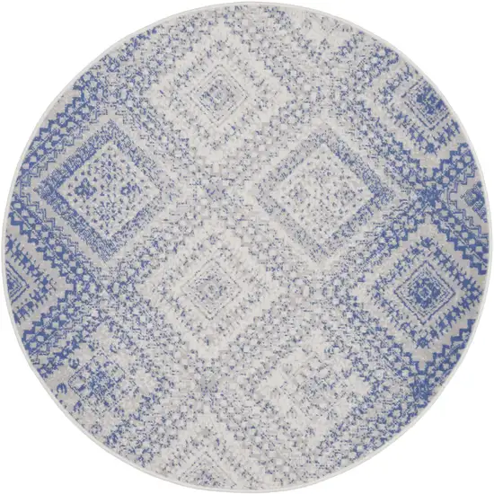 5' Ivory and Blue Geometric Distressed Round Rug Photo 4