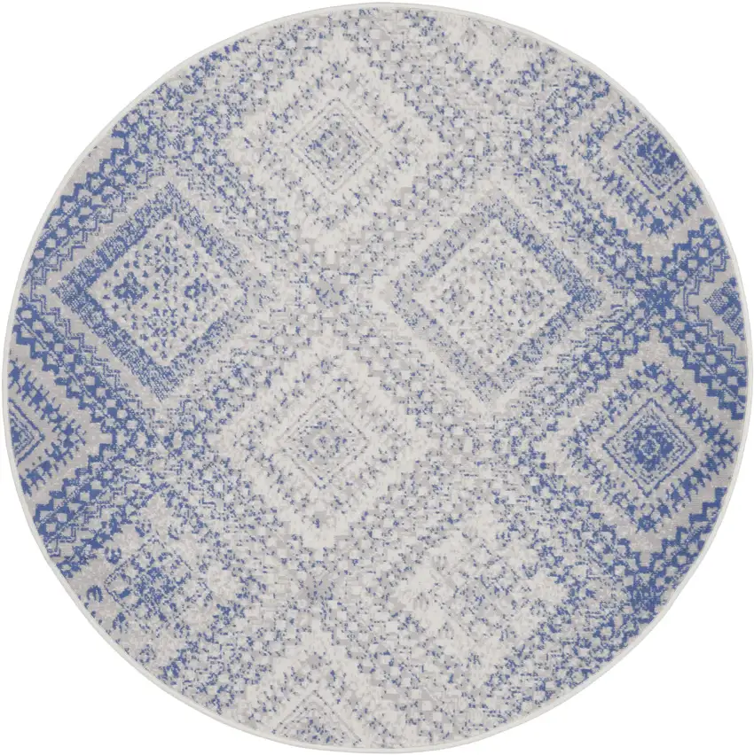 5' Ivory and Blue Geometric Distressed Round Rug Photo 4