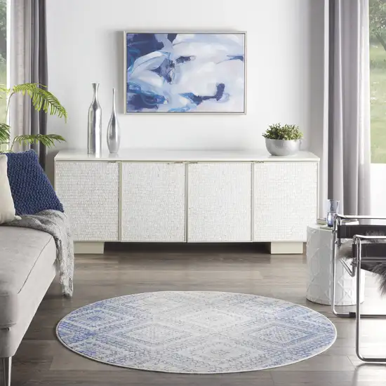 5' Ivory and Blue Geometric Distressed Round Rug Photo 6