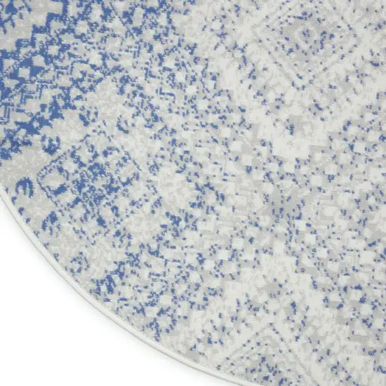 5' Ivory and Blue Geometric Distressed Round Rug Photo 8
