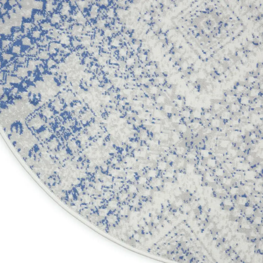 5' Ivory and Blue Geometric Distressed Round Rug Photo 8