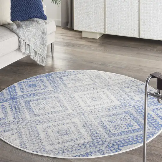 5' Ivory and Blue Geometric Distressed Round Rug Photo 5