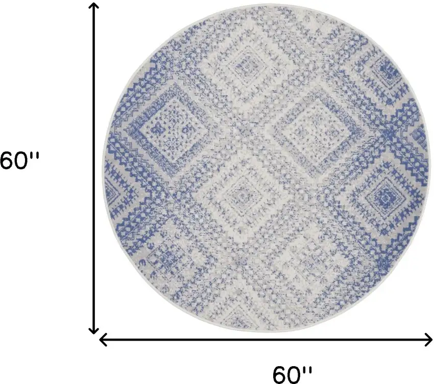 5' Ivory and Blue Geometric Distressed Round Rug Photo 3