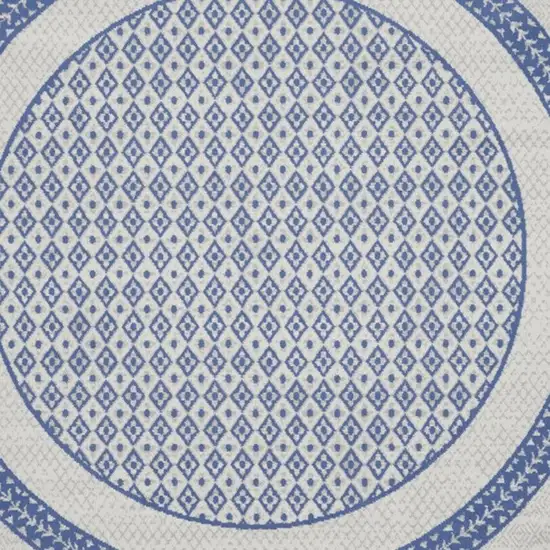 8' Ivory and Blue Geometric Distressed Round Rug Photo 4