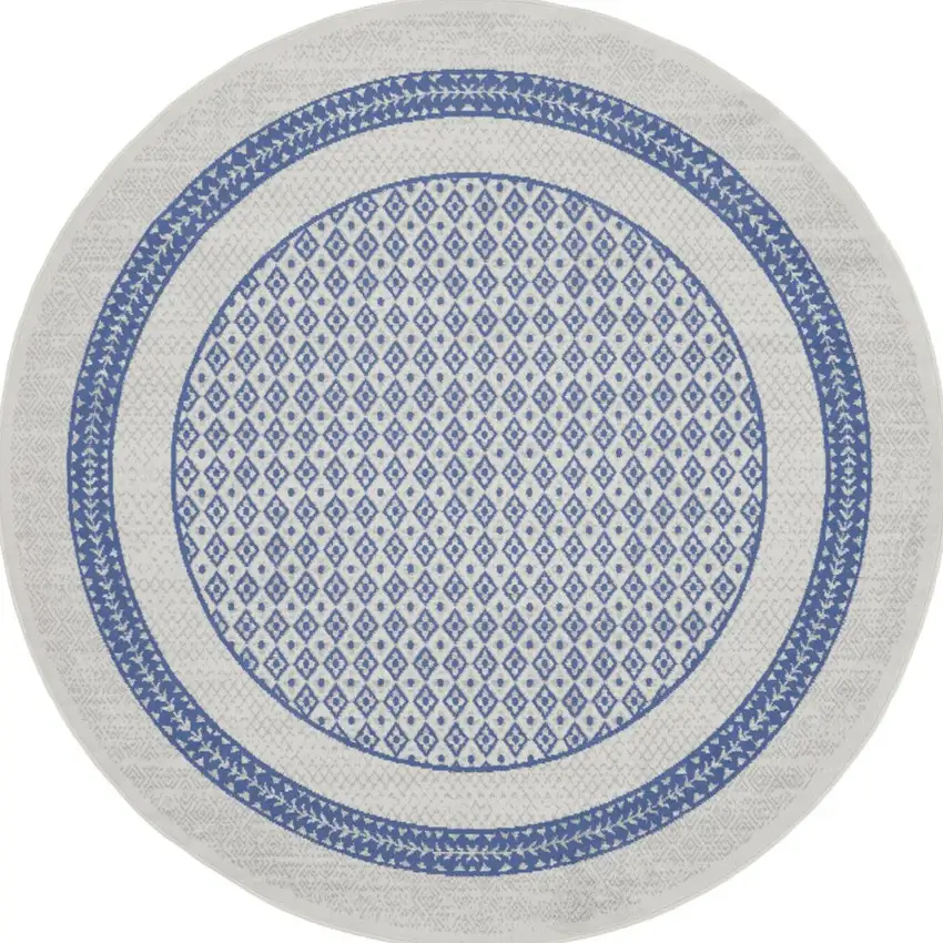 8' Ivory and Blue Geometric Distressed Round Rug Photo 8