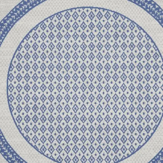 8' Ivory and Blue Geometric Distressed Round Rug Photo 7