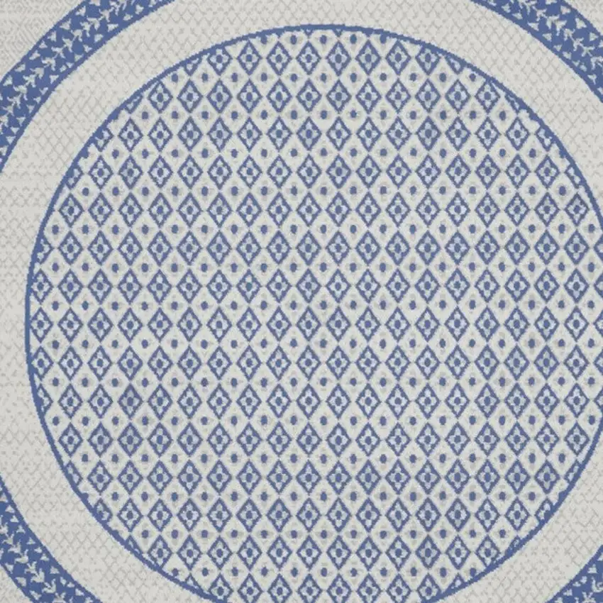 8' Ivory and Blue Geometric Distressed Round Rug Photo 7