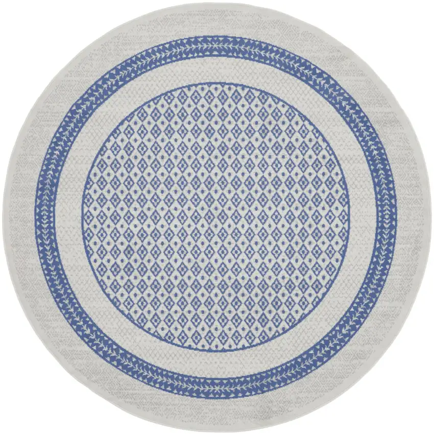 8' Ivory and Blue Geometric Distressed Round Rug Photo 2