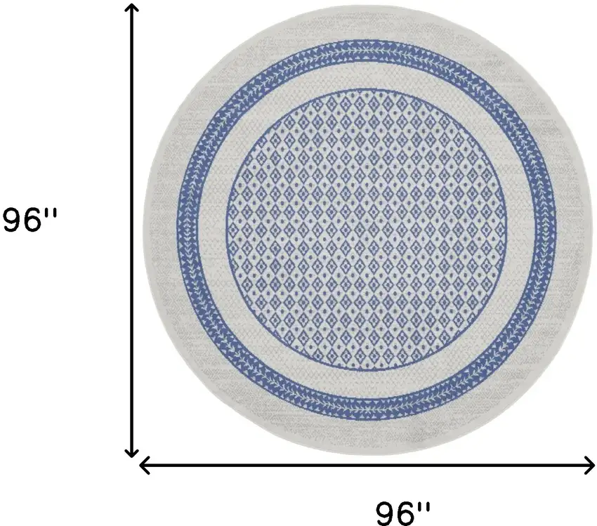 8' Ivory and Blue Geometric Distressed Round Rug Photo 3