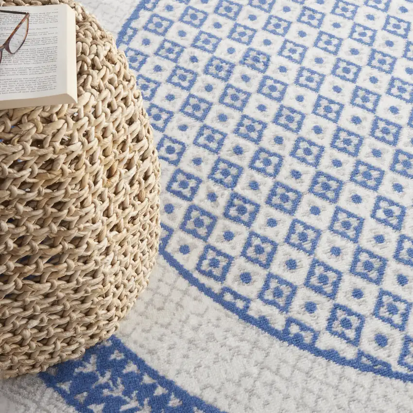 8' Ivory and Blue Geometric Distressed Round Rug Photo 8