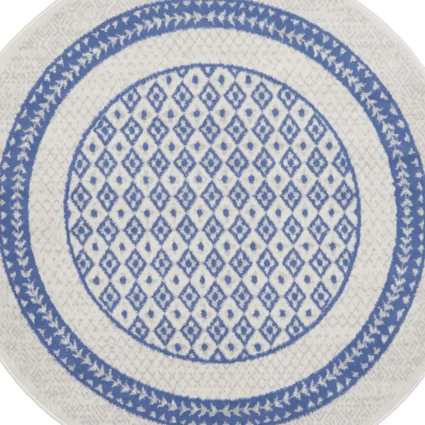 5' Ivory and Blue Geometric Distressed Round Rug Photo 8