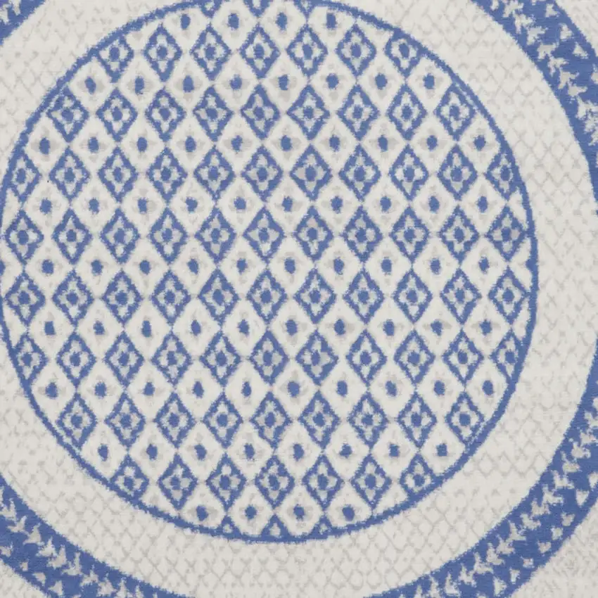 5' Ivory and Blue Geometric Distressed Round Rug Photo 7