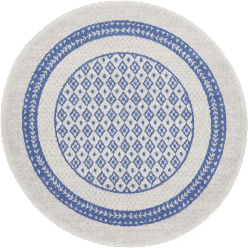 5' Ivory and Blue Geometric Distressed Round Rug Photo 1