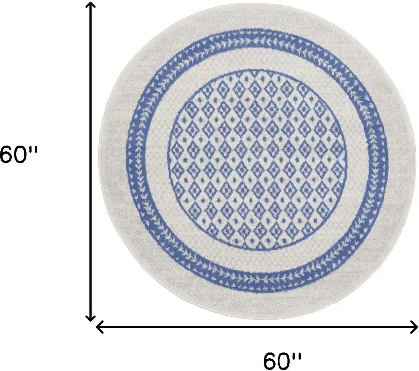 5' Ivory and Blue Geometric Distressed Round Rug Photo 3