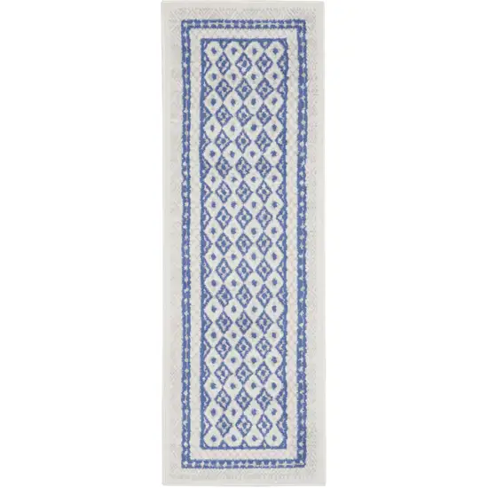 6' Ivory and Blue Geometric Distressed Runner Rug Photo 1