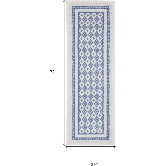 6' Ivory and Blue Geometric Distressed Runner Rug Photo 3