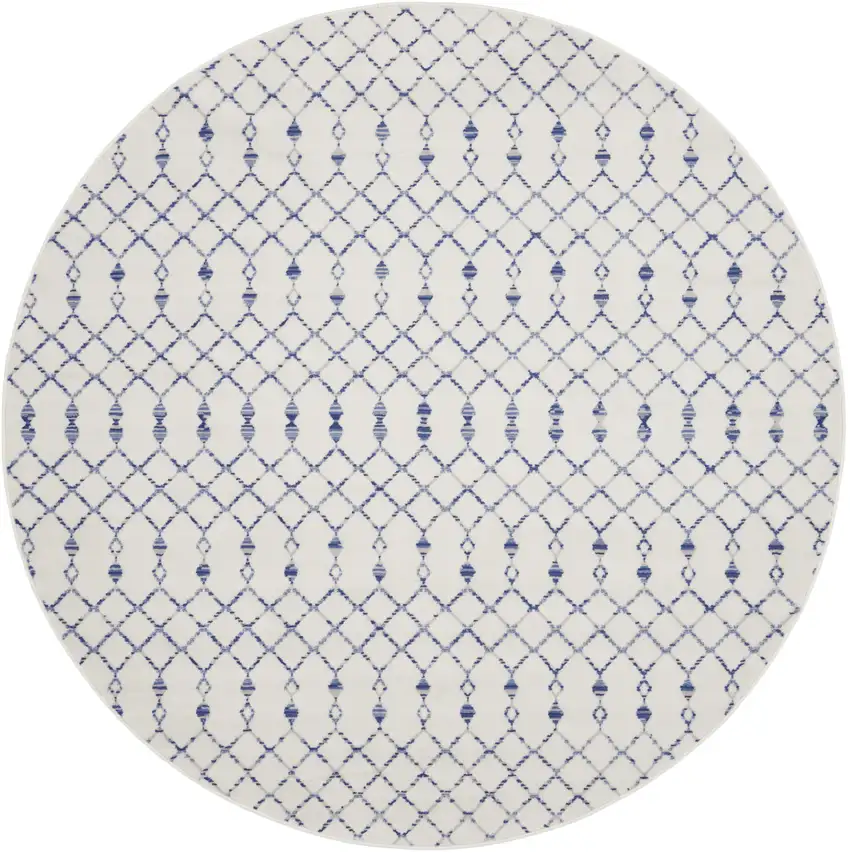 8' Ivory and Blue Geometric Round Rug Photo 2