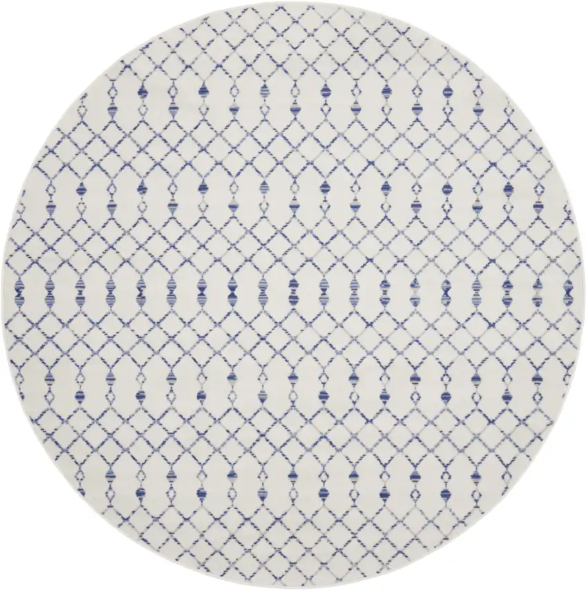 8' Ivory and Blue Geometric Round Rug Photo 1