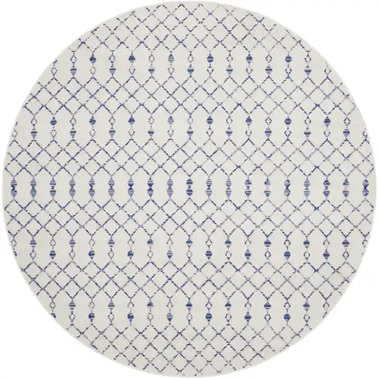 8' Ivory and Blue Geometric Round Rug Photo 1