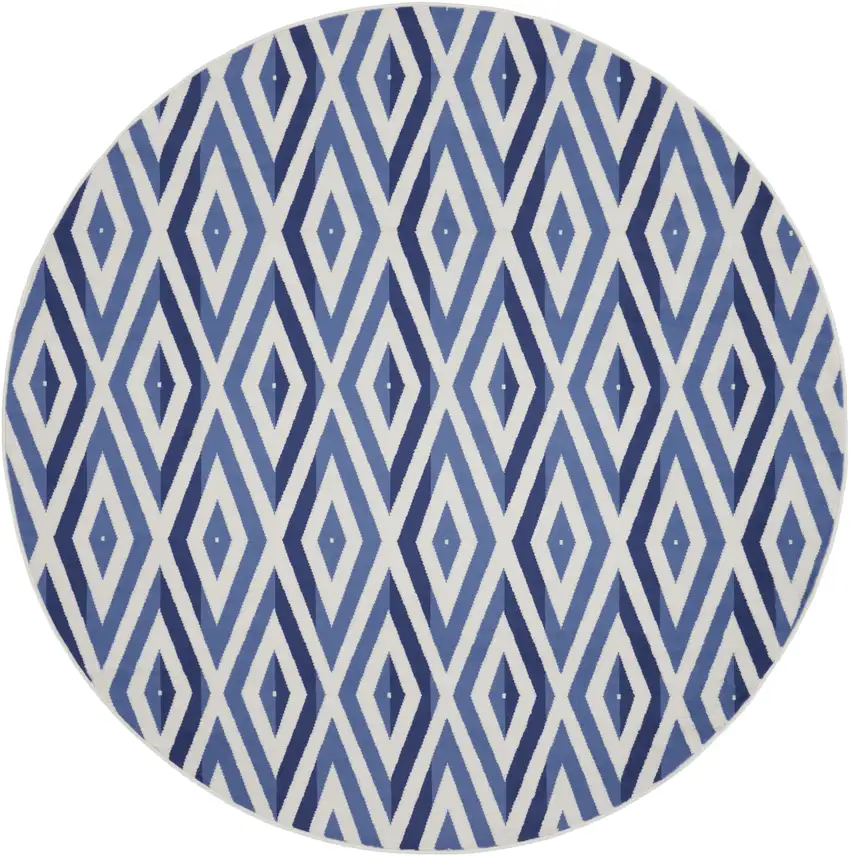 8' Ivory and Blue Geometric Round Rug Photo 1