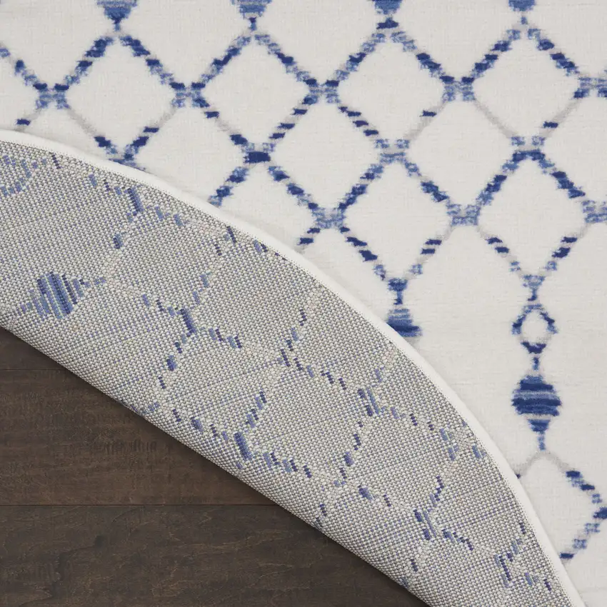 5' Ivory and Blue Geometric Round Rug Photo 9