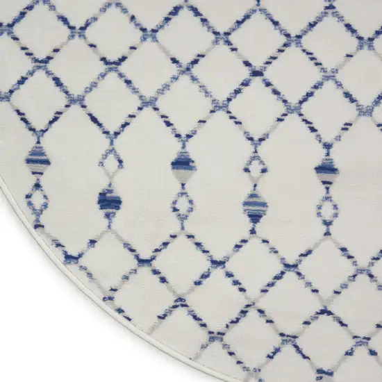 5' Ivory and Blue Geometric Round Rug Photo 9