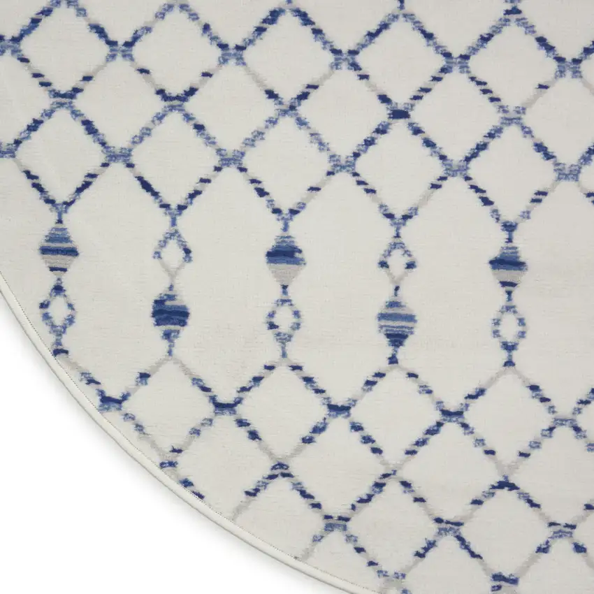 5' Ivory and Blue Geometric Round Rug Photo 9