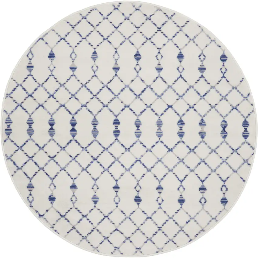 5' Ivory and Blue Geometric Round Rug Photo 2