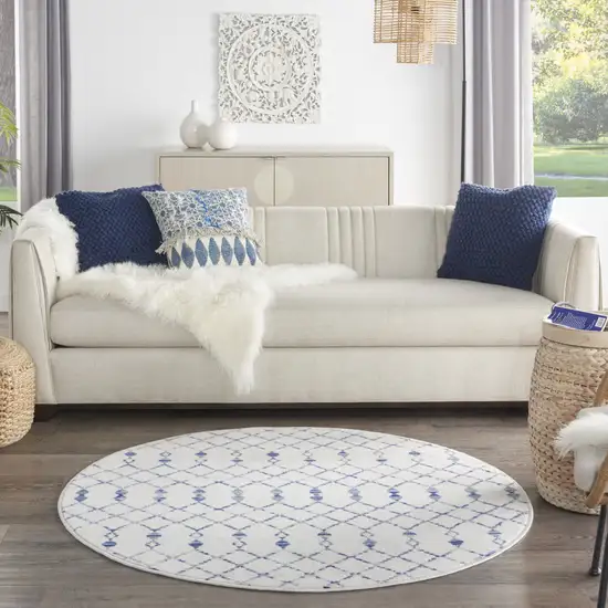 5' Ivory and Blue Geometric Round Rug Photo 6
