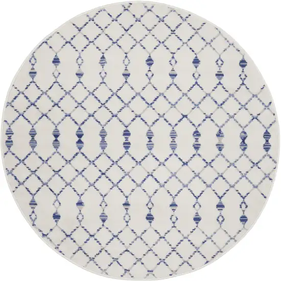 5' Ivory and Blue Geometric Round Rug Photo 4