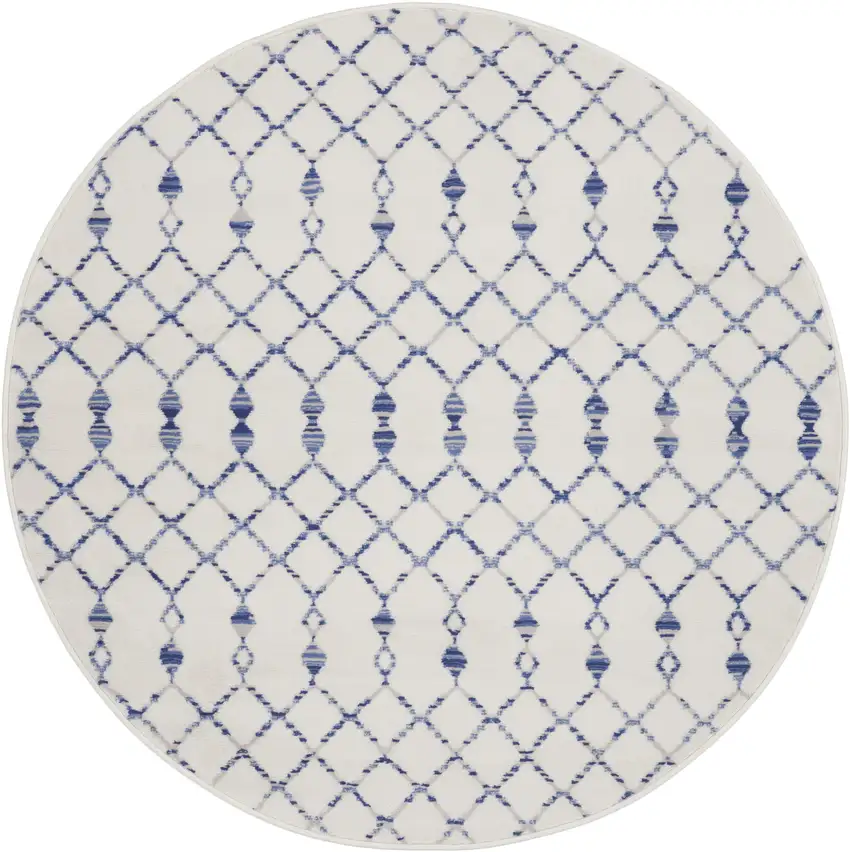 5' Ivory and Blue Geometric Round Rug Photo 4