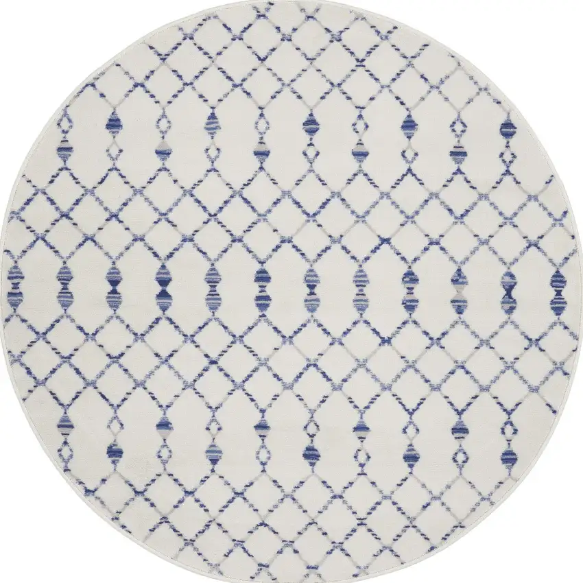 5' Ivory and Blue Geometric Round Rug Photo 6