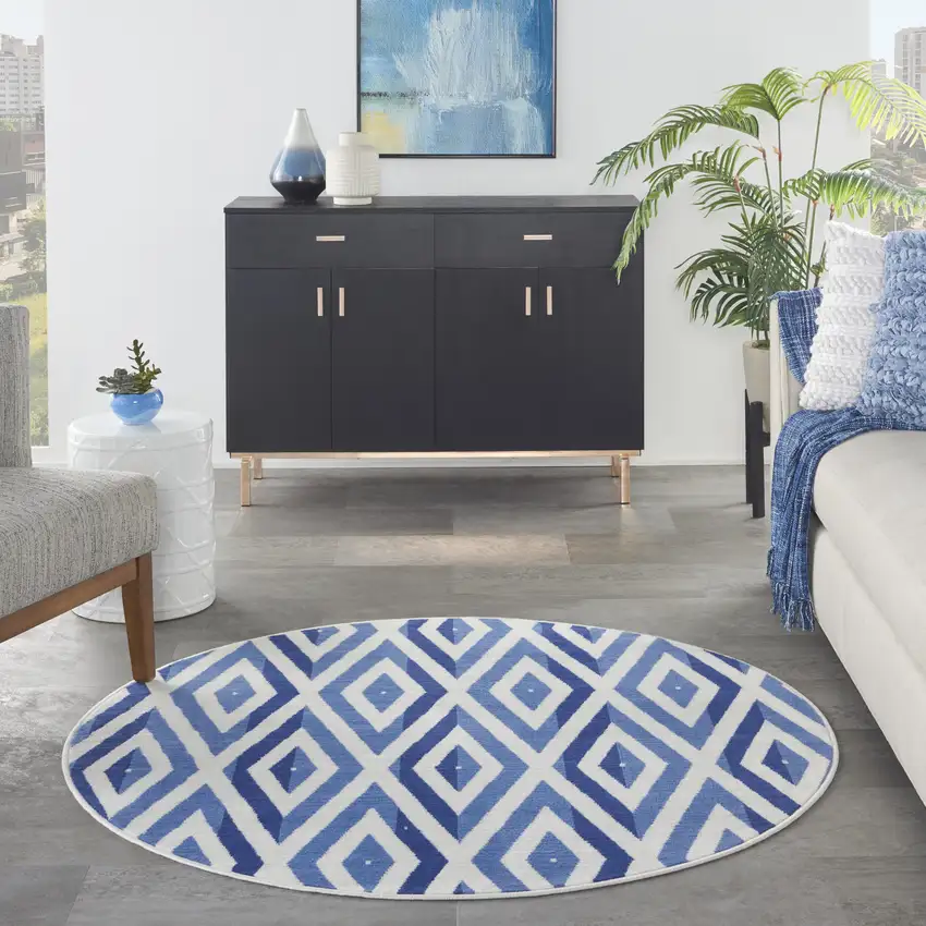 5' Ivory and Blue Geometric Round Rug Photo 5