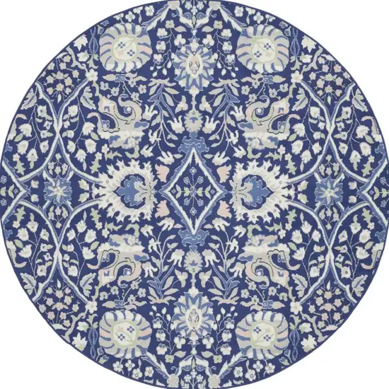 5' Ivory and Blue Geometric Round Rug Photo 1
