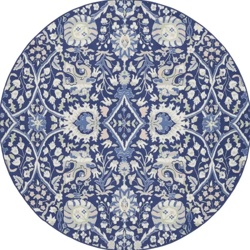 5' Ivory and Blue Geometric Round Rug Photo 1