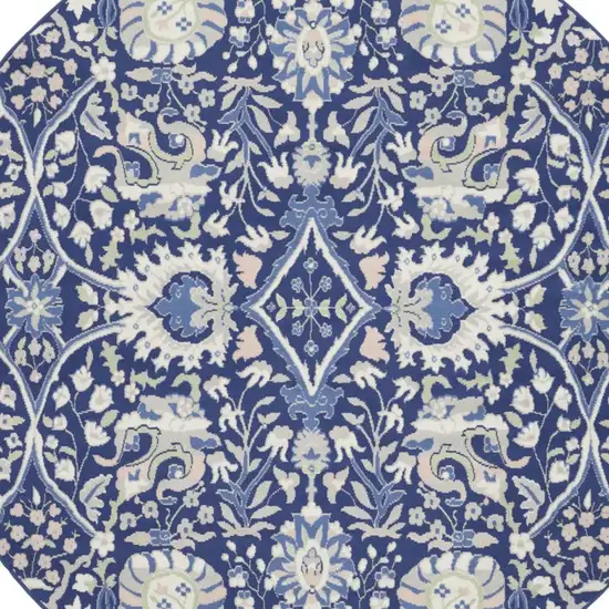 5' Ivory and Blue Geometric Round Rug Photo 6