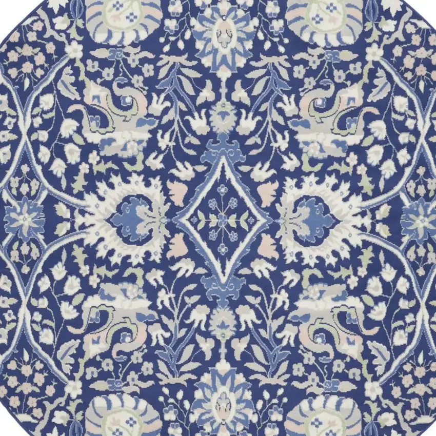 5' Ivory and Blue Geometric Round Rug Photo 6