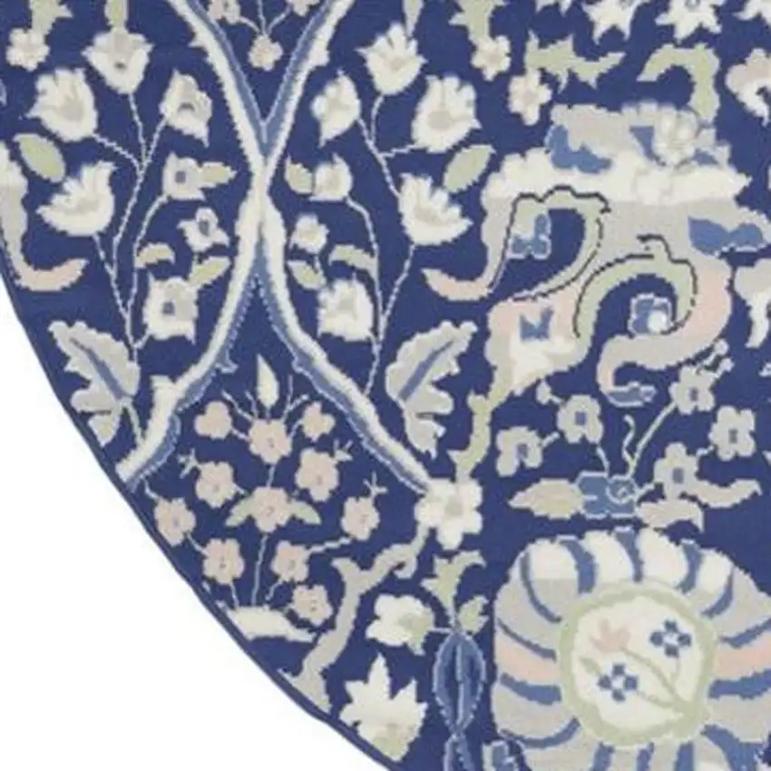 5' Ivory and Blue Geometric Round Rug Photo 3