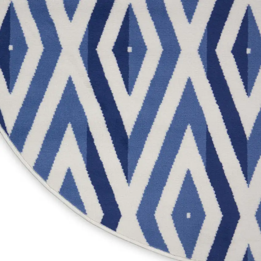 5' Ivory and Blue Geometric Round Rug Photo 8