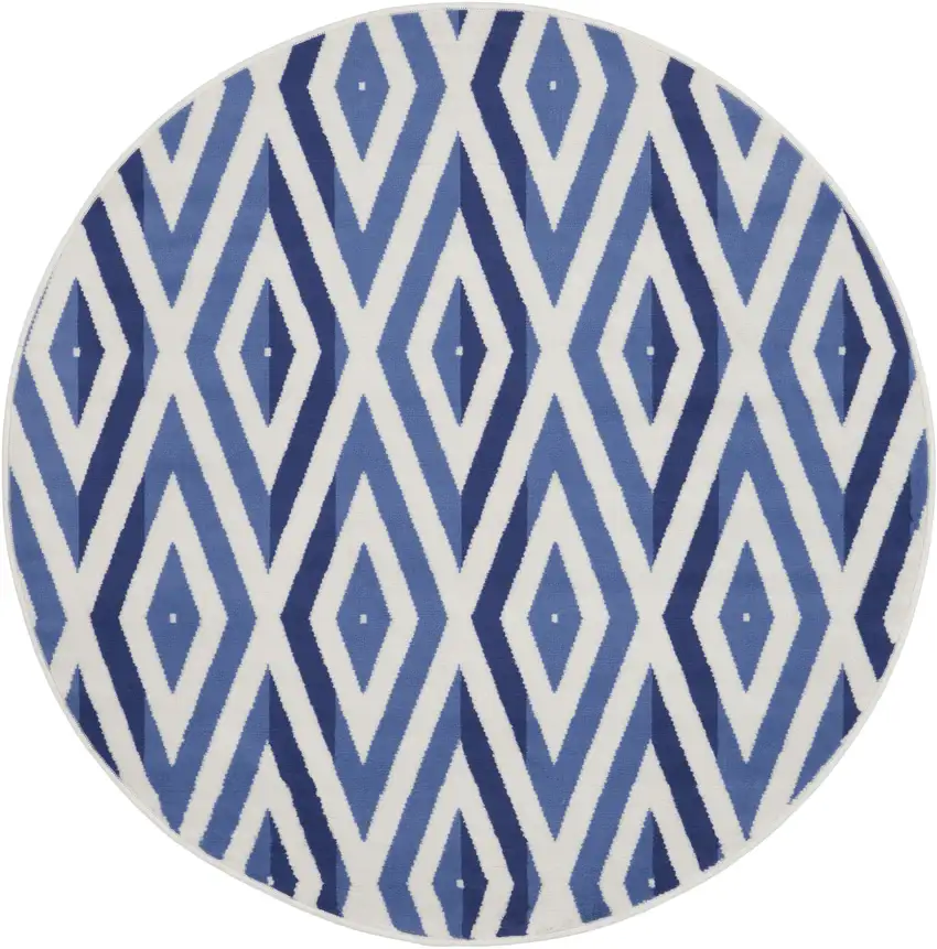 5' Ivory and Blue Geometric Round Rug Photo 2