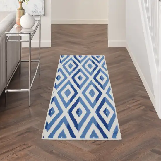 6' Ivory and Blue Geometric Runner Rug Photo 3