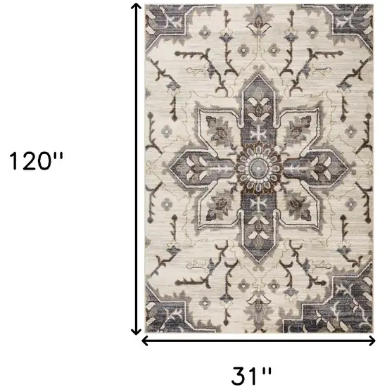 10' Ivory and Blue Medallion Power Loom Runner Rug Photo 7