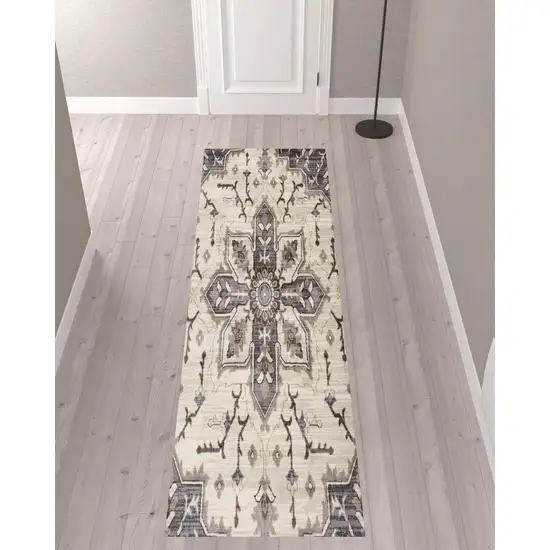 10' Ivory and Blue Medallion Power Loom Runner Rug Photo 2