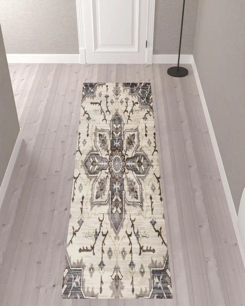 10' Ivory and Blue Medallion Power Loom Runner Rug Photo 2