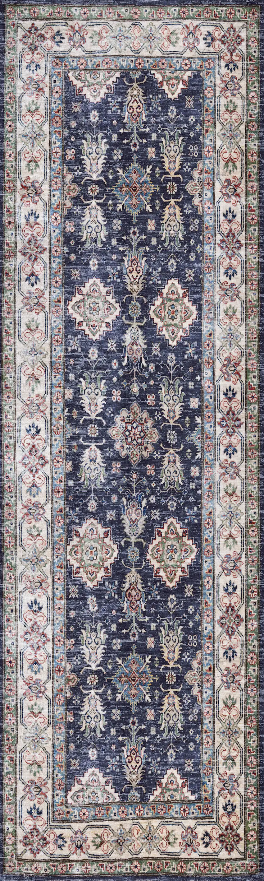 8' Ivory and Blue Oriental Distressed Non Skid Runner Rug Photo 2