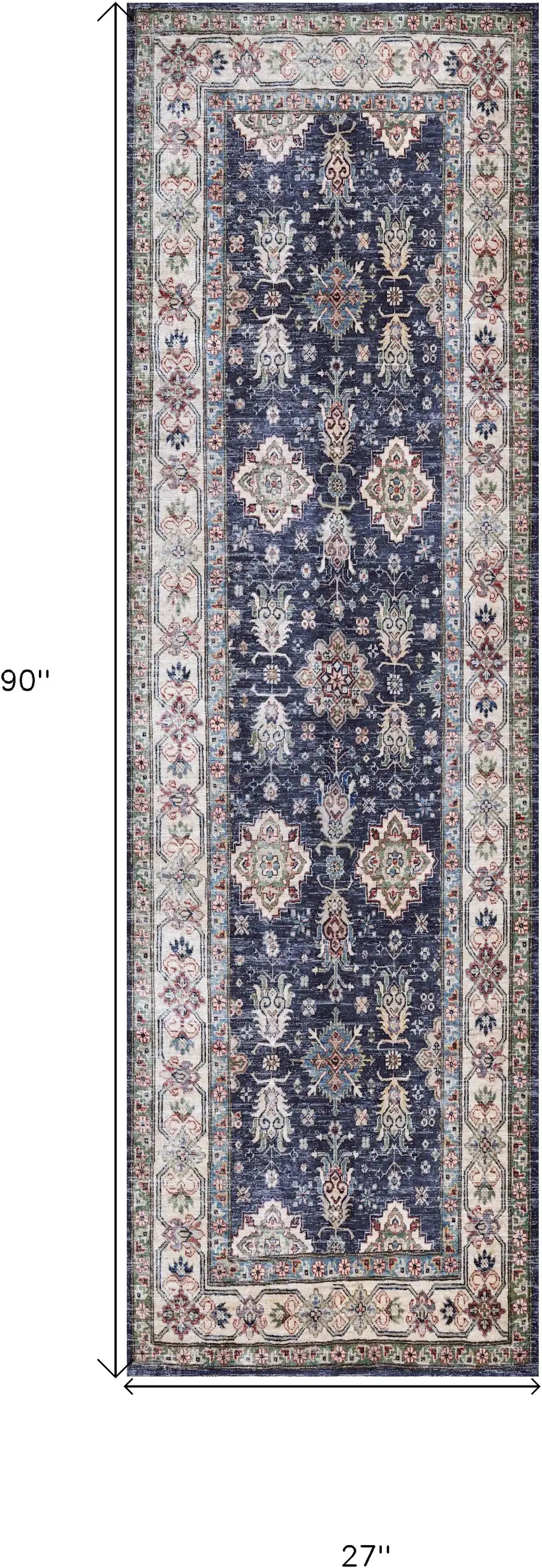 8' Ivory and Blue Oriental Distressed Non Skid Runner Rug Photo 3